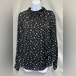 MERONA Women's Black White Polka Dot‎ Long Sleeve Satin Blouse Size S Tie Neck